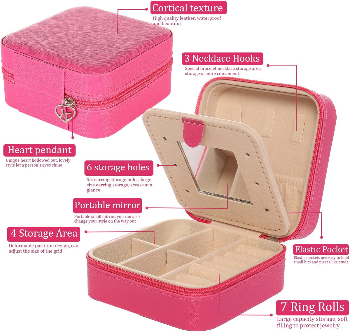 Travel jewelry case Travel jewelry box Travel Jewelry Organizer Small box Gift for Girls Women with Mirror(Pink)