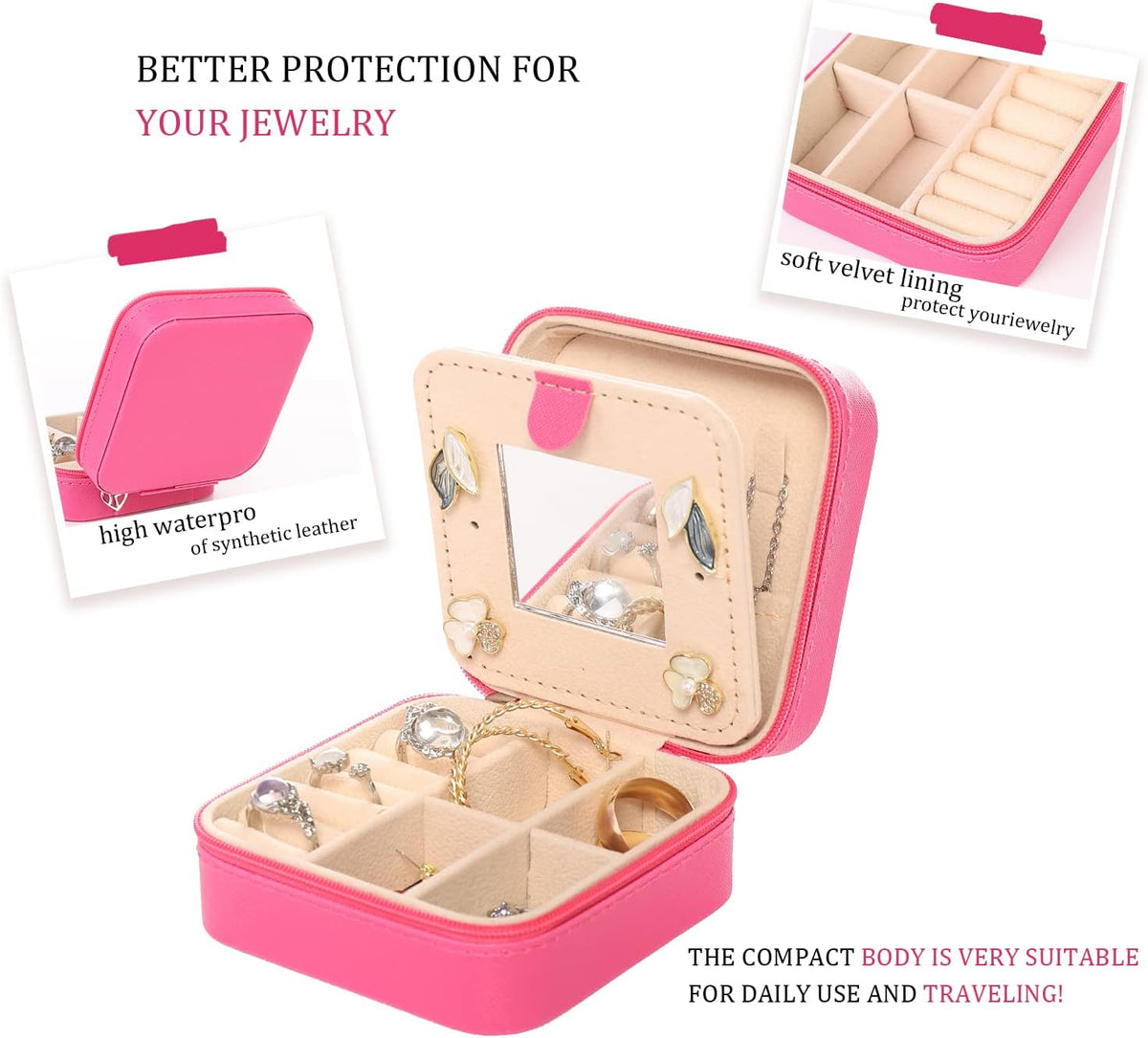 Travel jewelry case Travel jewelry box Travel Jewelry Organizer Small box Gift for Girls Women with Mirror(Pink)
