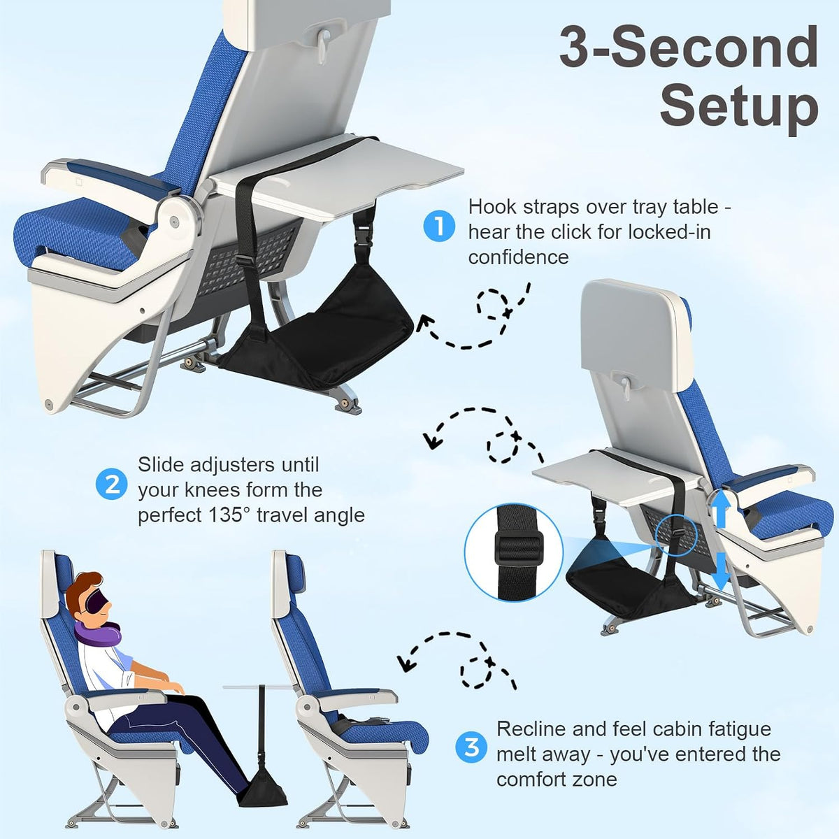 Foot Hammock for Plane Travel, Upgraded Airplane Foot Rest with Memory Foam, Hardboard, Portable Zippered Leg Hammock for Long Flight, Under Desk Footrest, No Collapse Foot Sling, Travel Essentials