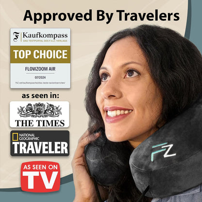 Air Inflatable Neck Pillow for Traveling on Plane - H-Shape Hooded Airplane Pillow with 5 Snooze Modes, Fast Inflation, Pressure Control, Cozy Clip-On Hood & Plushy Cover - Size L, Jet Black
