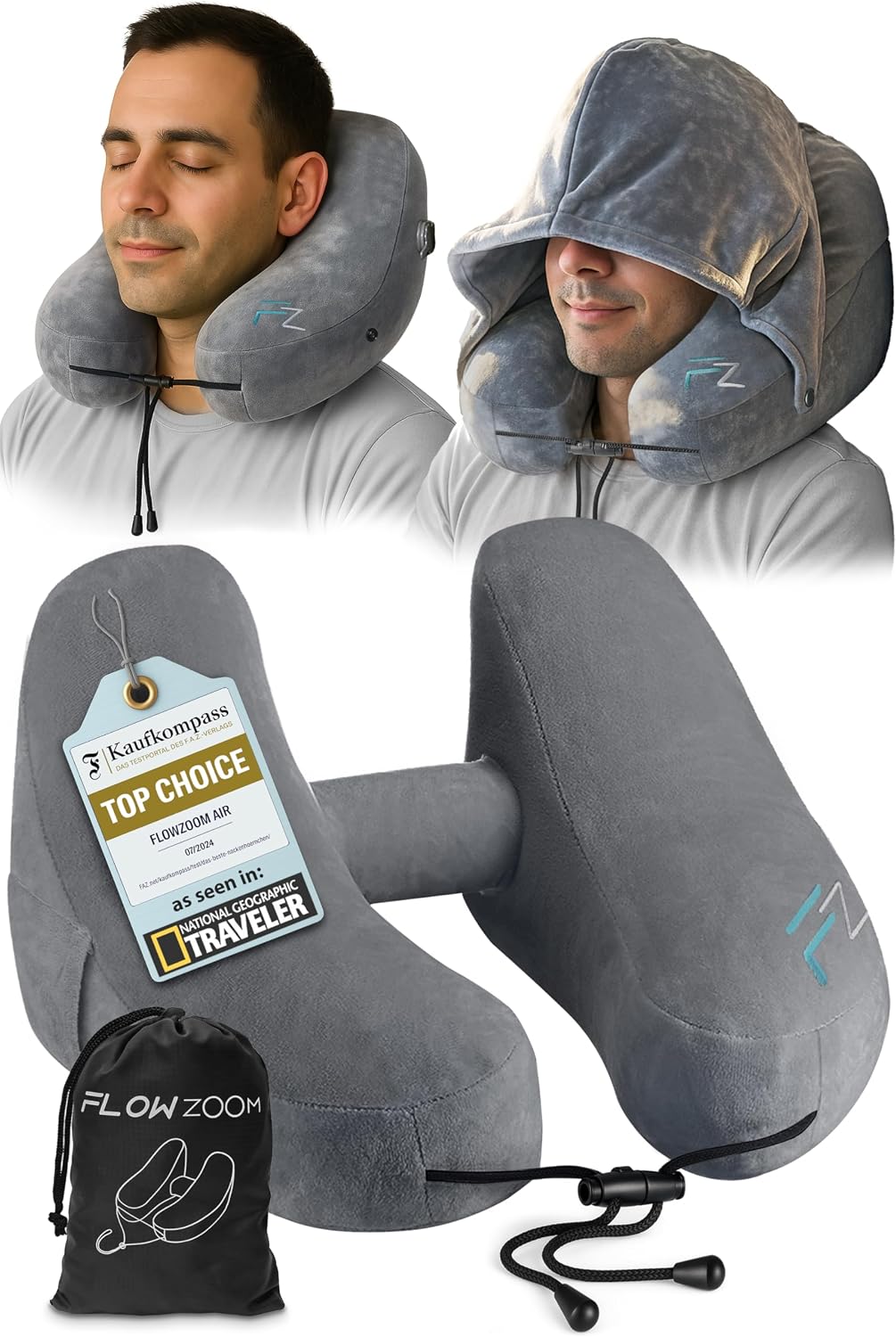 Air Inflatable Neck Pillow for Traveling on Plane - H-Shape Hooded Airplane Pillow with 5 Snooze Modes, Fast Inflation, Pressure Control, Cozy Clip-On Hood & Plushy Cover - Size L, Jet Black
