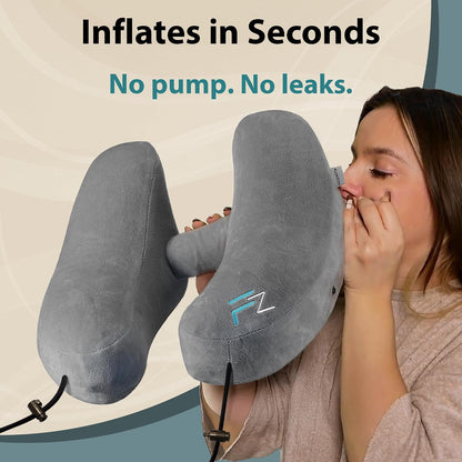 Air Inflatable Neck Pillow for Traveling on Plane - H-Shape Hooded Airplane Pillow with 5 Snooze Modes, Fast Inflation, Pressure Control, Cozy Clip-On Hood & Plushy Cover - Size L, Jet Black