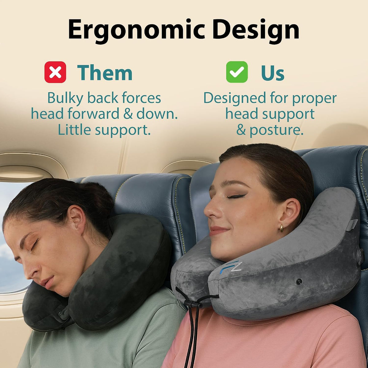 Air Inflatable Neck Pillow for Traveling on Plane - H-Shape Hooded Airplane Pillow with 5 Snooze Modes, Fast Inflation, Pressure Control, Cozy Clip-On Hood & Plushy Cover - Size L, Jet Black