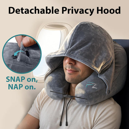 Air Inflatable Neck Pillow for Traveling on Plane - H-Shape Hooded Airplane Pillow with 5 Snooze Modes, Fast Inflation, Pressure Control, Cozy Clip-On Hood & Plushy Cover - Size L, Jet Black