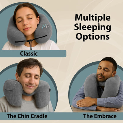 Air Inflatable Neck Pillow for Traveling on Plane - H-Shape Hooded Airplane Pillow with 5 Snooze Modes, Fast Inflation, Pressure Control, Cozy Clip-On Hood & Plushy Cover - Size L, Jet Black