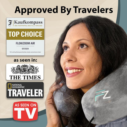 Air Inflatable Neck Pillow for Traveling on Plane - H-Shape Hooded Airplane Pillow with 5 Snooze Modes, Fast Inflation, Pressure Control, Cozy Clip-On Hood & Plushy Cover - Size L, Jet Black