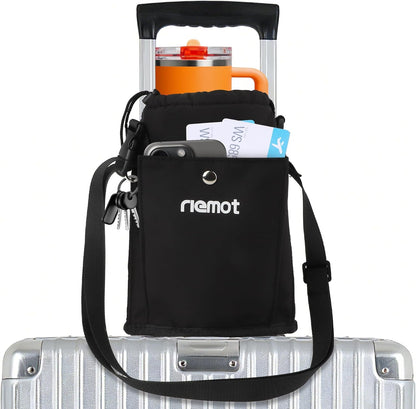 Luggage Cup Holder with Strap, Travel Drink Holder with Phone Pocket, Hands Free Suitcase Drink Carrier Fits Stanley 40oz Cups, Luggage Accessories for Travel Airport Convenience