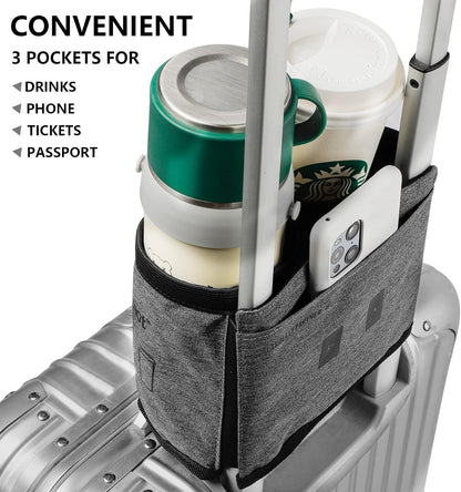 Luggage Cup Holder with Strap, Travel Drink Holder with Phone Pocket, Hands Free Suitcase Drink Carrier Fits Stanley 40oz Cups, Luggage Accessories for Travel Airport Convenience