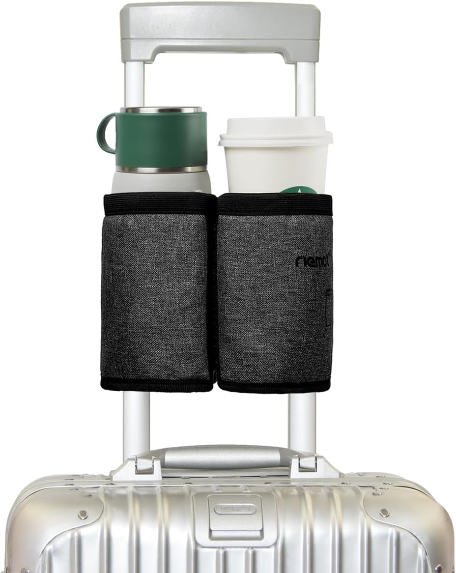 Luggage Cup Holder with Strap, Travel Drink Holder with Phone Pocket, Hands Free Suitcase Drink Carrier Fits Stanley 40oz Cups, Luggage Accessories for Travel Airport Convenience