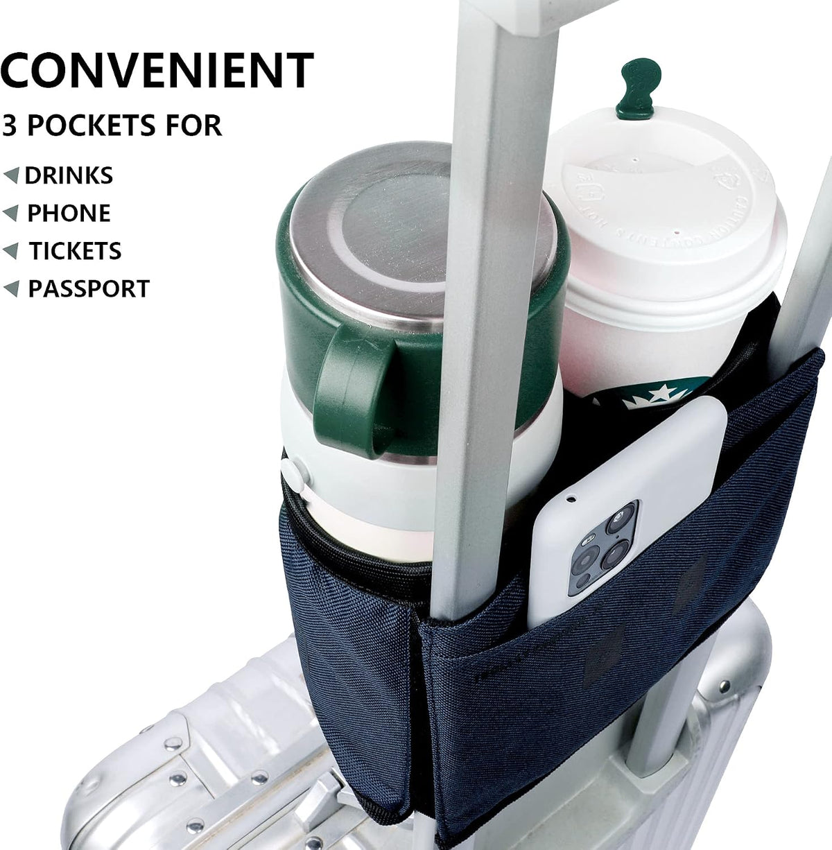 Luggage Cup Holder with Strap, Travel Drink Holder with Phone Pocket, Hands Free Suitcase Drink Carrier Fits Stanley 40oz Cups, Luggage Accessories for Travel Airport Convenience