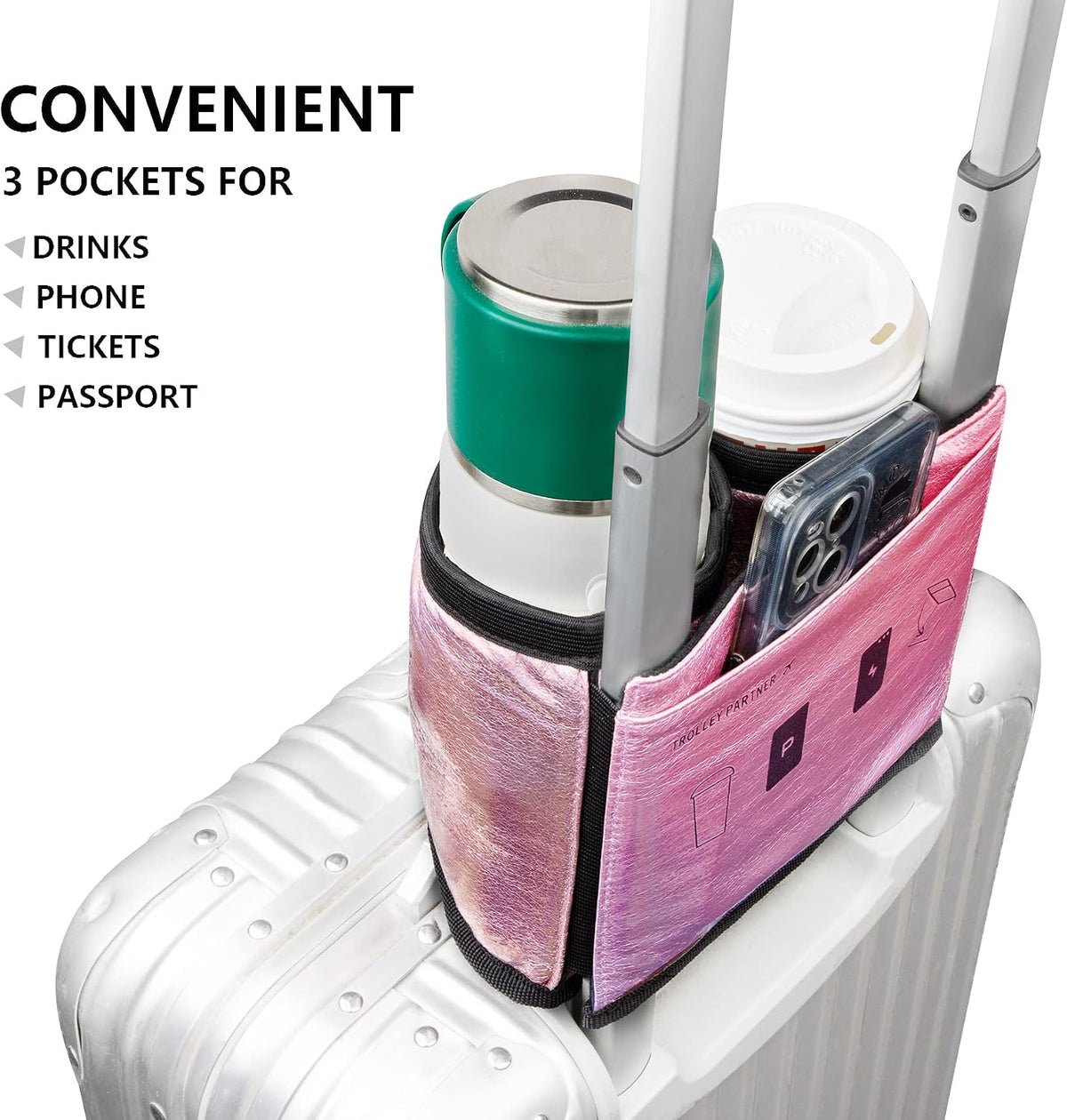 Luggage Cup Holder with Strap, Travel Drink Holder with Phone Pocket, Hands Free Suitcase Drink Carrier Fits Stanley 40oz Cups, Luggage Accessories for Travel Airport Convenience