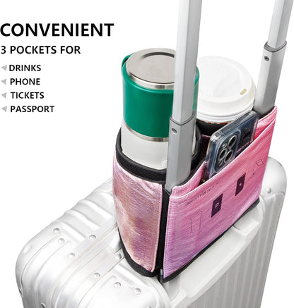 Luggage Cup Holder with Strap, Travel Drink Holder with Phone Pocket, Hands Free Suitcase Drink Carrier Fits Stanley 40oz Cups, Luggage Accessories for Travel Airport Convenience