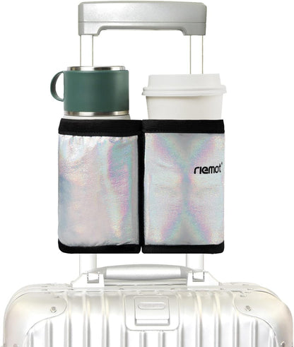 Luggage Cup Holder with Strap, Travel Drink Holder with Phone Pocket, Hands Free Suitcase Drink Carrier Fits Stanley 40oz Cups, Luggage Accessories for Travel Airport Convenience