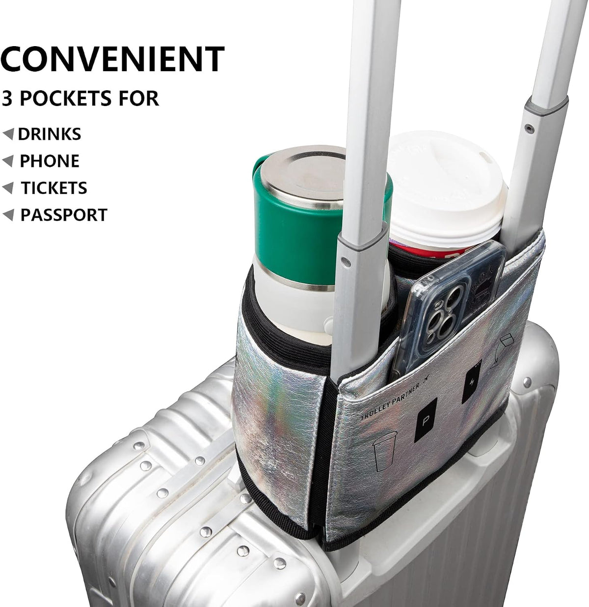 Luggage Cup Holder with Strap, Travel Drink Holder with Phone Pocket, Hands Free Suitcase Drink Carrier Fits Stanley 40oz Cups, Luggage Accessories for Travel Airport Convenience