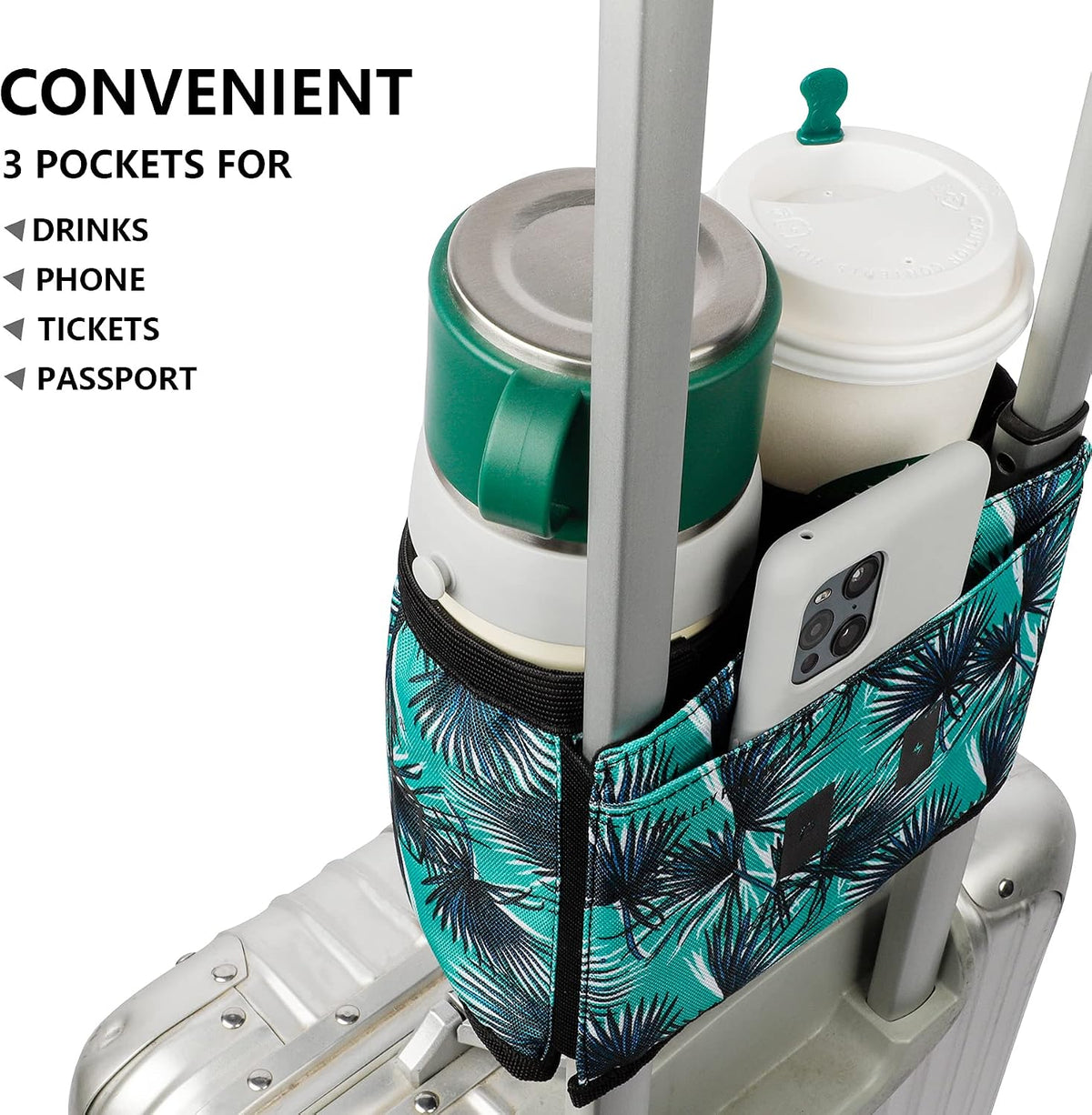 Luggage Cup Holder with Strap, Travel Drink Holder with Phone Pocket, Hands Free Suitcase Drink Carrier Fits Stanley 40oz Cups, Luggage Accessories for Travel Airport Convenience