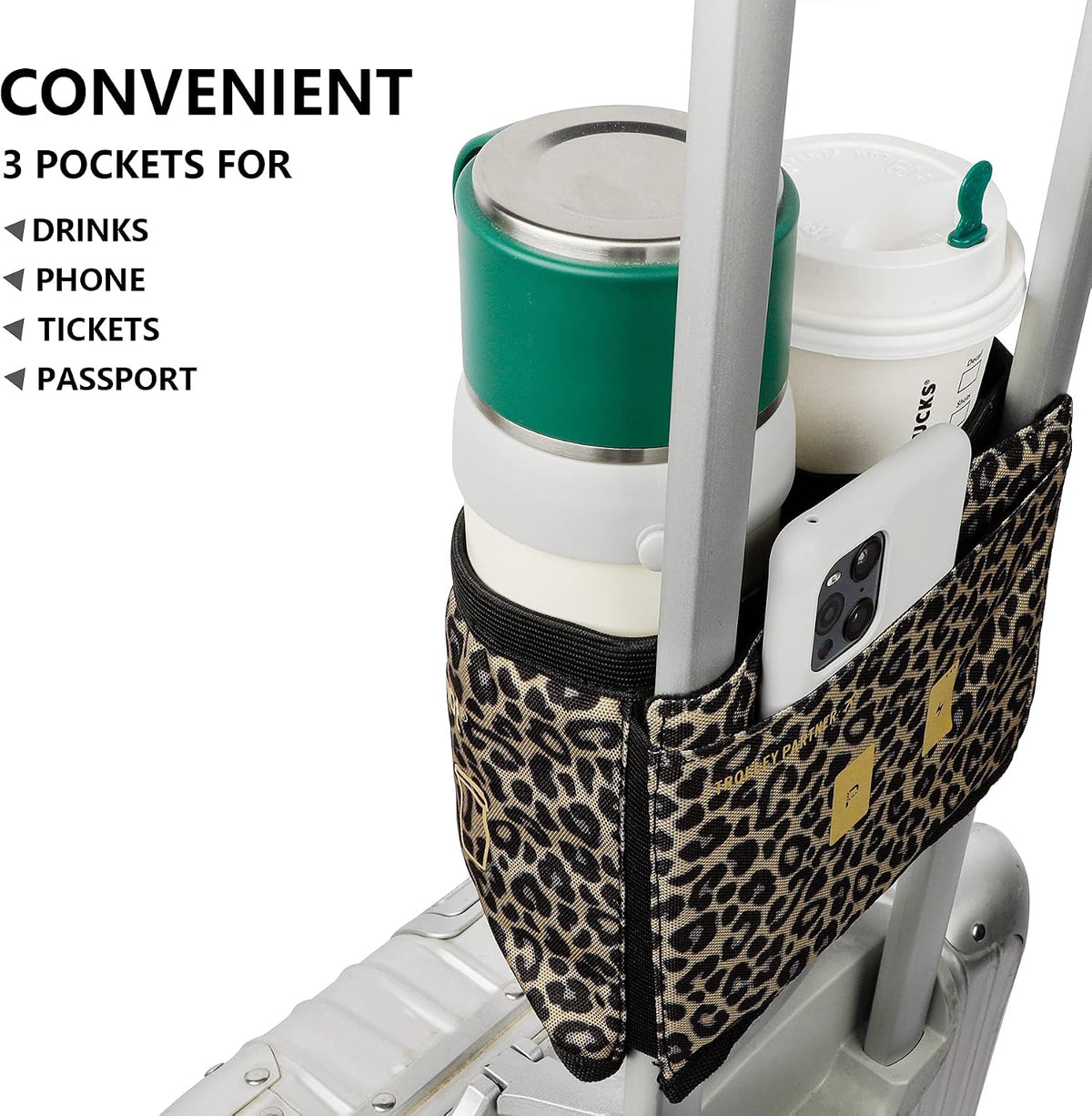Luggage Cup Holder with Strap, Travel Drink Holder with Phone Pocket, Hands Free Suitcase Drink Carrier Fits Stanley 40oz Cups, Luggage Accessories for Travel Airport Convenience