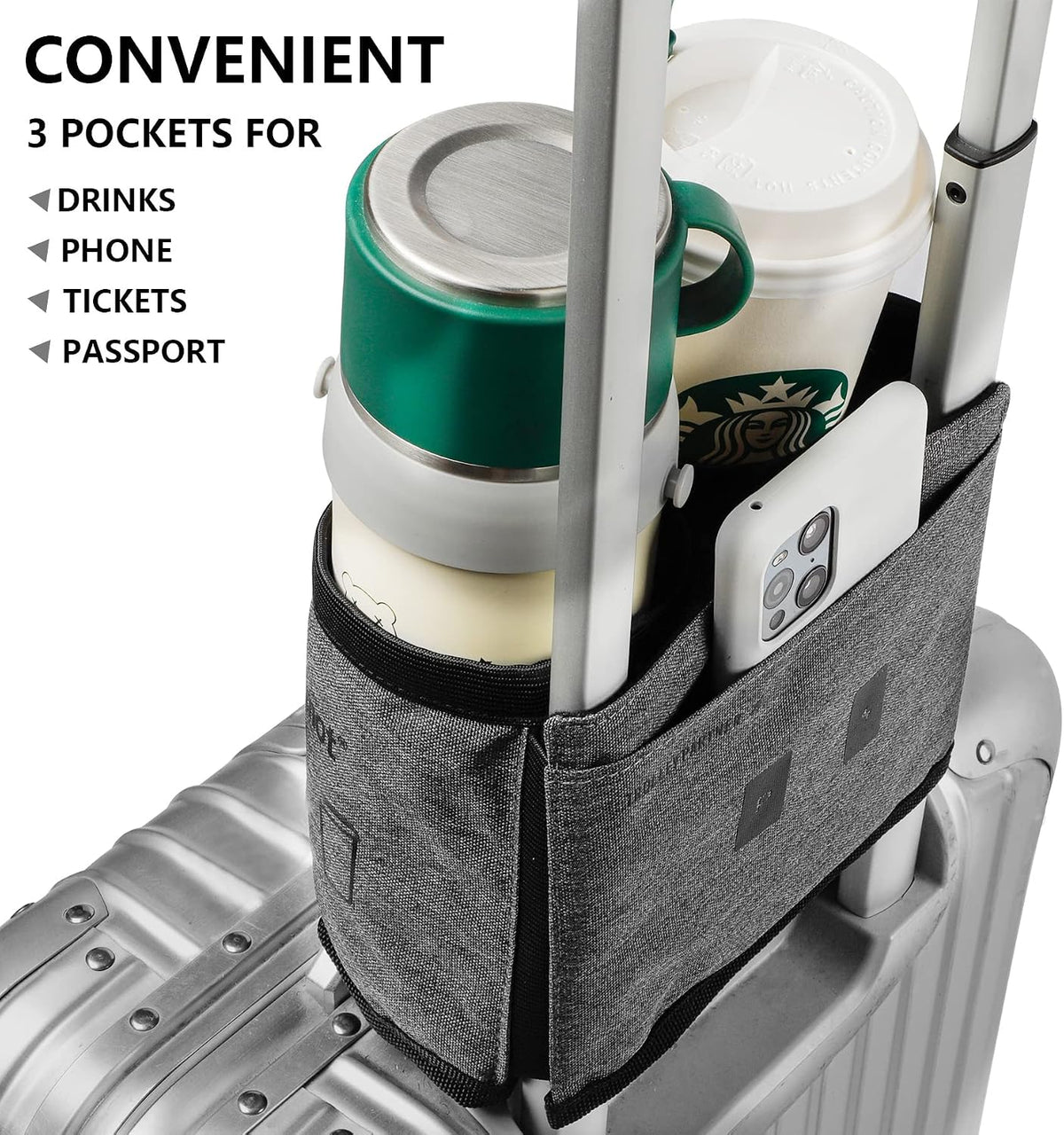 Luggage Cup Holder with Strap, Travel Drink Holder with Phone Pocket, Hands Free Suitcase Drink Carrier Fits Stanley 40oz Cups, Luggage Accessories for Travel Airport Convenience