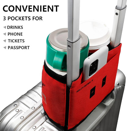 Luggage Cup Holder with Strap, Travel Drink Holder with Phone Pocket, Hands Free Suitcase Drink Carrier Fits Stanley 40oz Cups, Luggage Accessories for Travel Airport Convenience