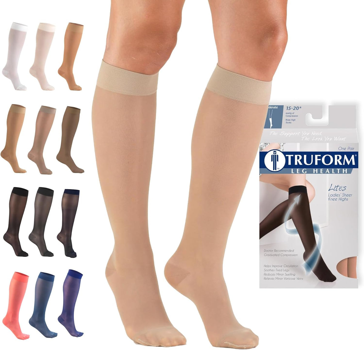 Sheer Compression Stockings, 15-20 mmHg, Women's Knee High Length, 20 Denier, Nude, Medium