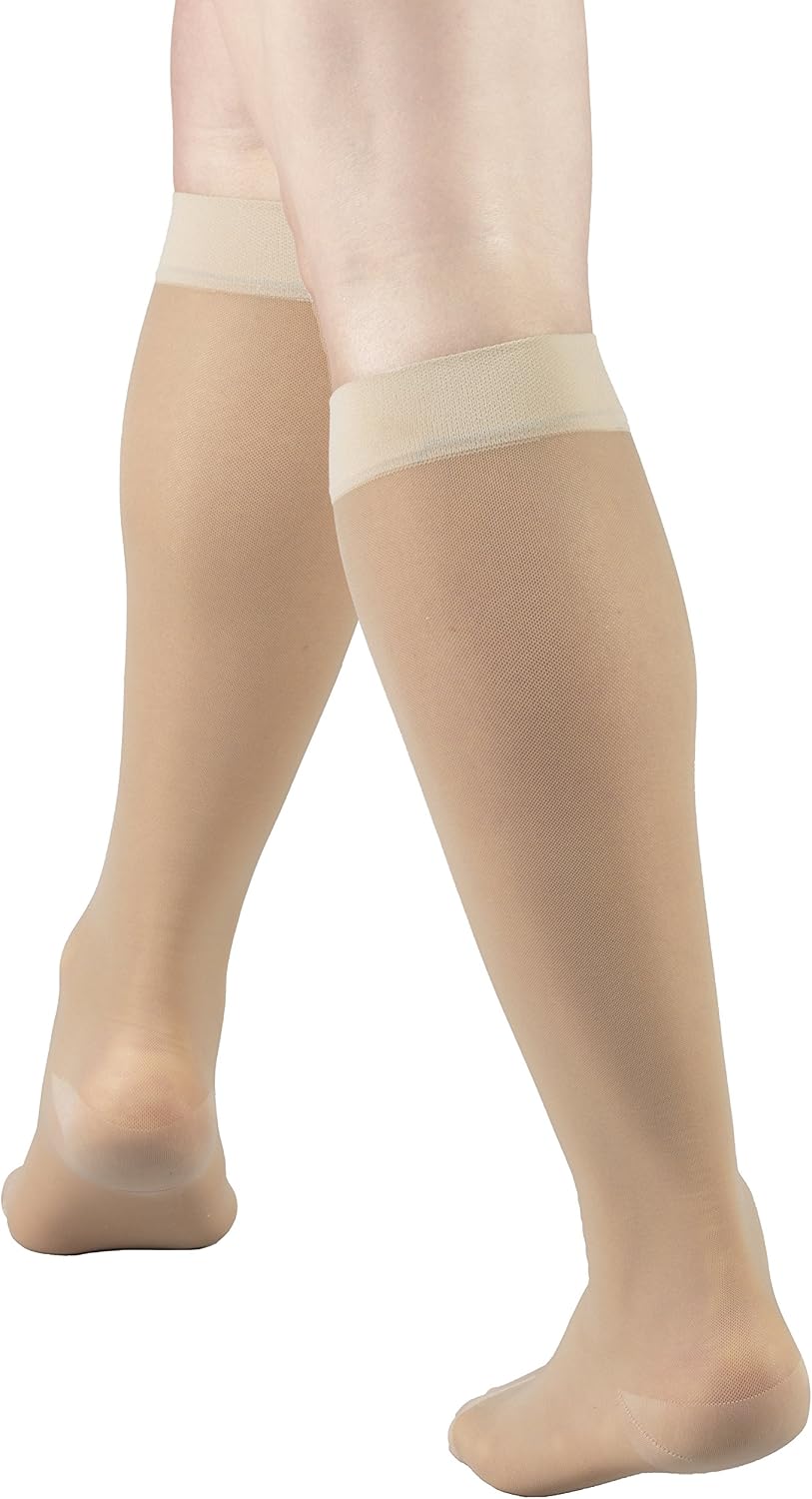 Sheer Compression Stockings, 15-20 mmHg, Women's Knee High Length, 20 Denier, Nude, Medium