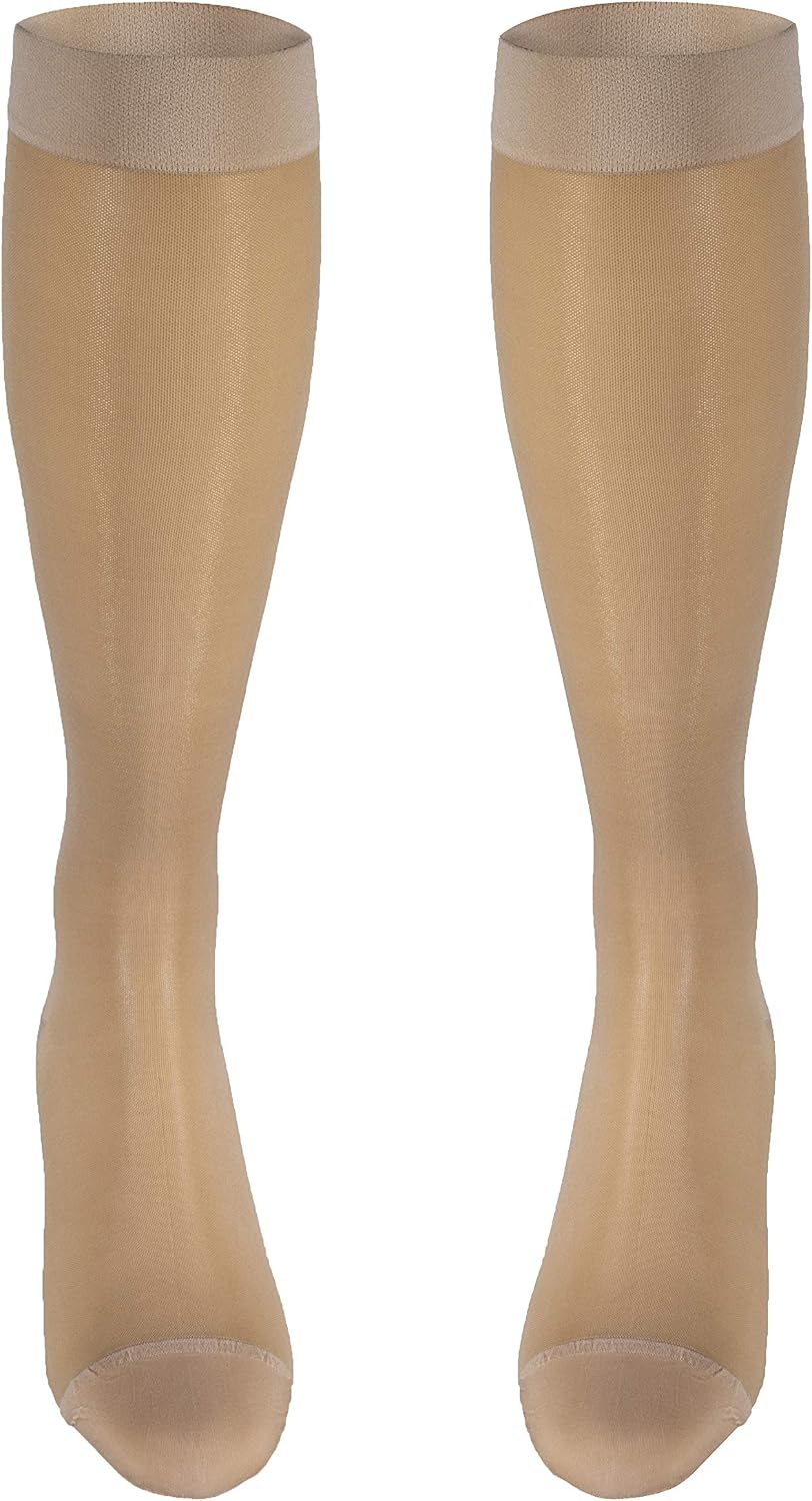 Sheer Compression Stockings, 15-20 mmHg, Women's Knee High Length, 20 Denier, Nude, Medium