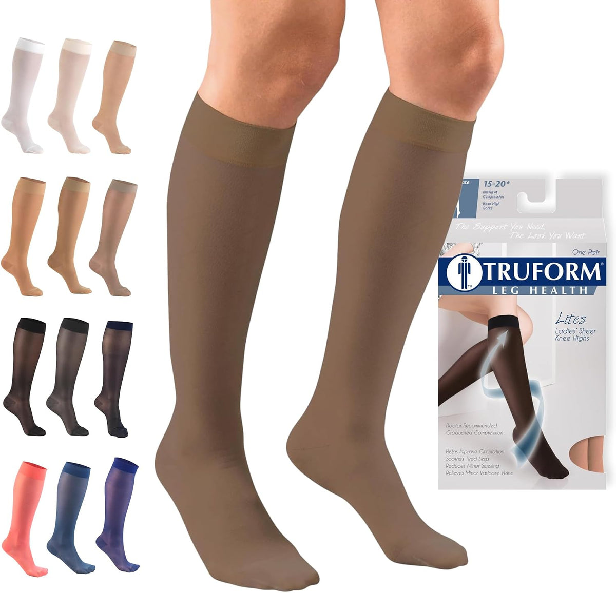 Sheer Compression Stockings, 15-20 mmHg, Women's Knee High Length, 20 Denier, Nude, Medium