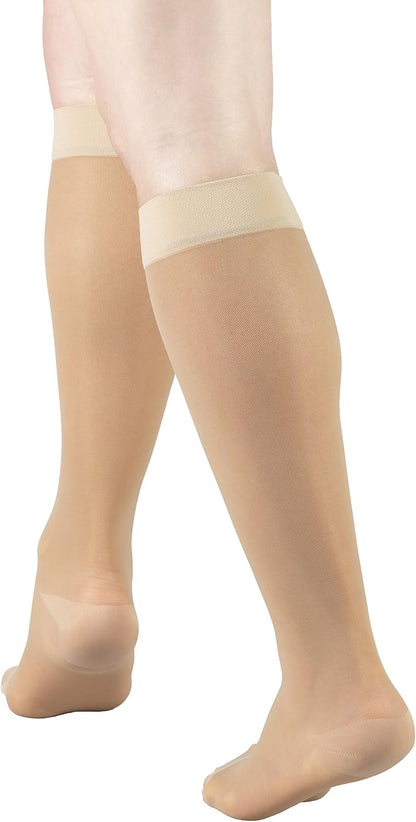 Sheer Compression Stockings, 15-20 mmHg, Women's Knee High Length, 20 Denier, Nude, Medium