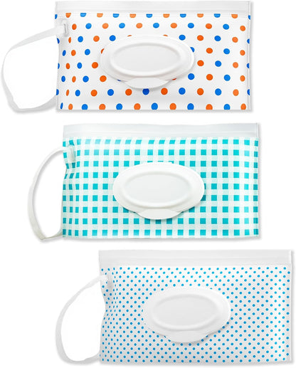 3 Pack On-The-Go Wipes Dispenser,Baby Wipes Holder for Fresh Wipes,Portable Baby Wipes Case Reusable Travel Wet Wipe Pouch,Adult Wipes Container Keeps Wipes Clean Easy Pull Wipes Pouch Case (I)