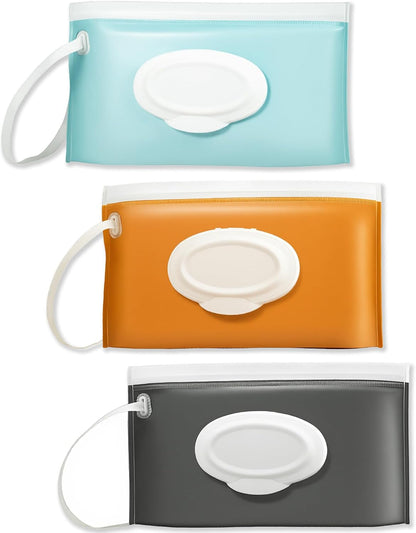 3 Pack On-The-Go Wipes Dispenser,Baby Wipes Holder for Fresh Wipes,Portable Baby Wipes Case Reusable Travel Wet Wipe Pouch,Adult Wipes Container Keeps Wipes Clean Easy Pull Wipes Pouch Case (I)