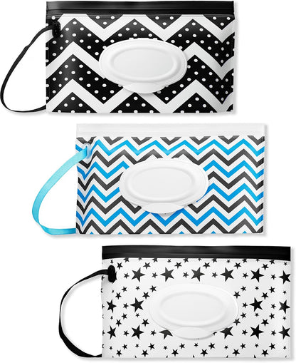 3 Pack On-The-Go Wipes Dispenser,Baby Wipes Holder for Fresh Wipes,Portable Baby Wipes Case Reusable Travel Wet Wipe Pouch,Adult Wipes Container Keeps Wipes Clean Easy Pull Wipes Pouch Case (I)