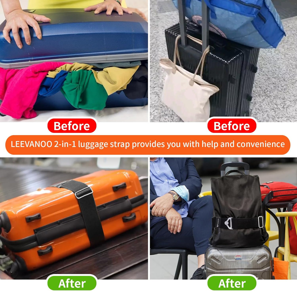 Luggage Straps for Suitcases, 2-in-1 Add a Bag Adjustable Travel Belt Black
