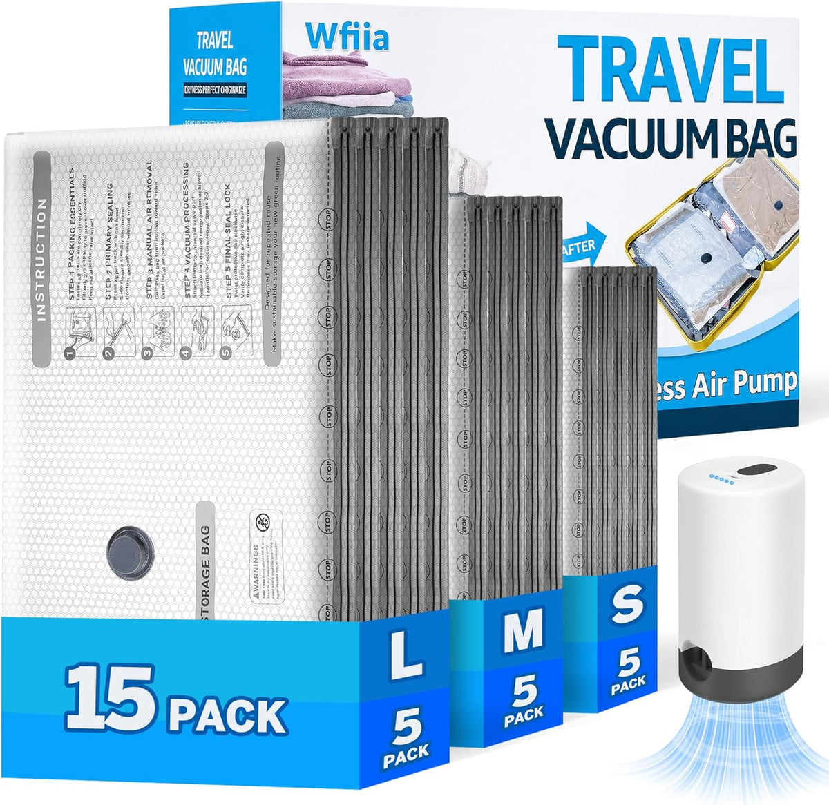 12 Packs Vacuum Bags for Travel with Rechargeable air Pump, 3 Sizes Vacuum Seal Bags for Clothing, Space-Saving Compression Storage Bags for Travel & Closet Organization