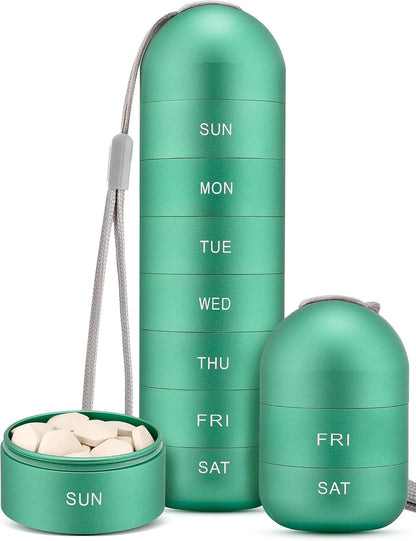 [2 Pack] Metal Travel Pill Organizer, Portable Waterproof Weekly Pill Box, Large Aluminum Alloy Pill Case Container, BPA Free 7 Day Daily Medicine Organizer Holder for Vitamin, Supplement