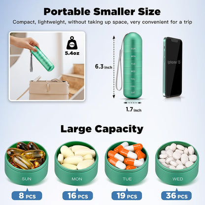 [2 Pack] Metal Travel Pill Organizer, Portable Waterproof Weekly Pill Box, Large Aluminum Alloy Pill Case Container, BPA Free 7 Day Daily Medicine Organizer Holder for Vitamin, Supplement