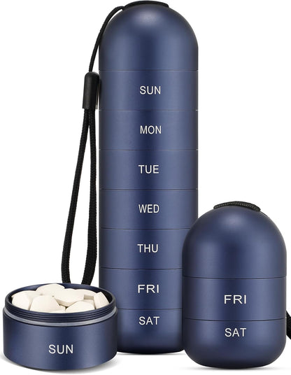 [2 Pack] Metal Travel Pill Organizer, Portable Waterproof Weekly Pill Box, Large Aluminum Alloy Pill Case Container, BPA Free 7 Day Daily Medicine Organizer Holder for Vitamin, Supplement