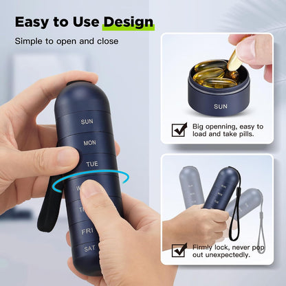 [2 Pack] Metal Travel Pill Organizer, Portable Waterproof Weekly Pill Box, Large Aluminum Alloy Pill Case Container, BPA Free 7 Day Daily Medicine Organizer Holder for Vitamin, Supplement