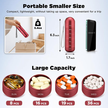 [2 Pack] Metal Travel Pill Organizer, Portable Waterproof Weekly Pill Box, Large Aluminum Alloy Pill Case Container, BPA Free 7 Day Daily Medicine Organizer Holder for Vitamin, Supplement