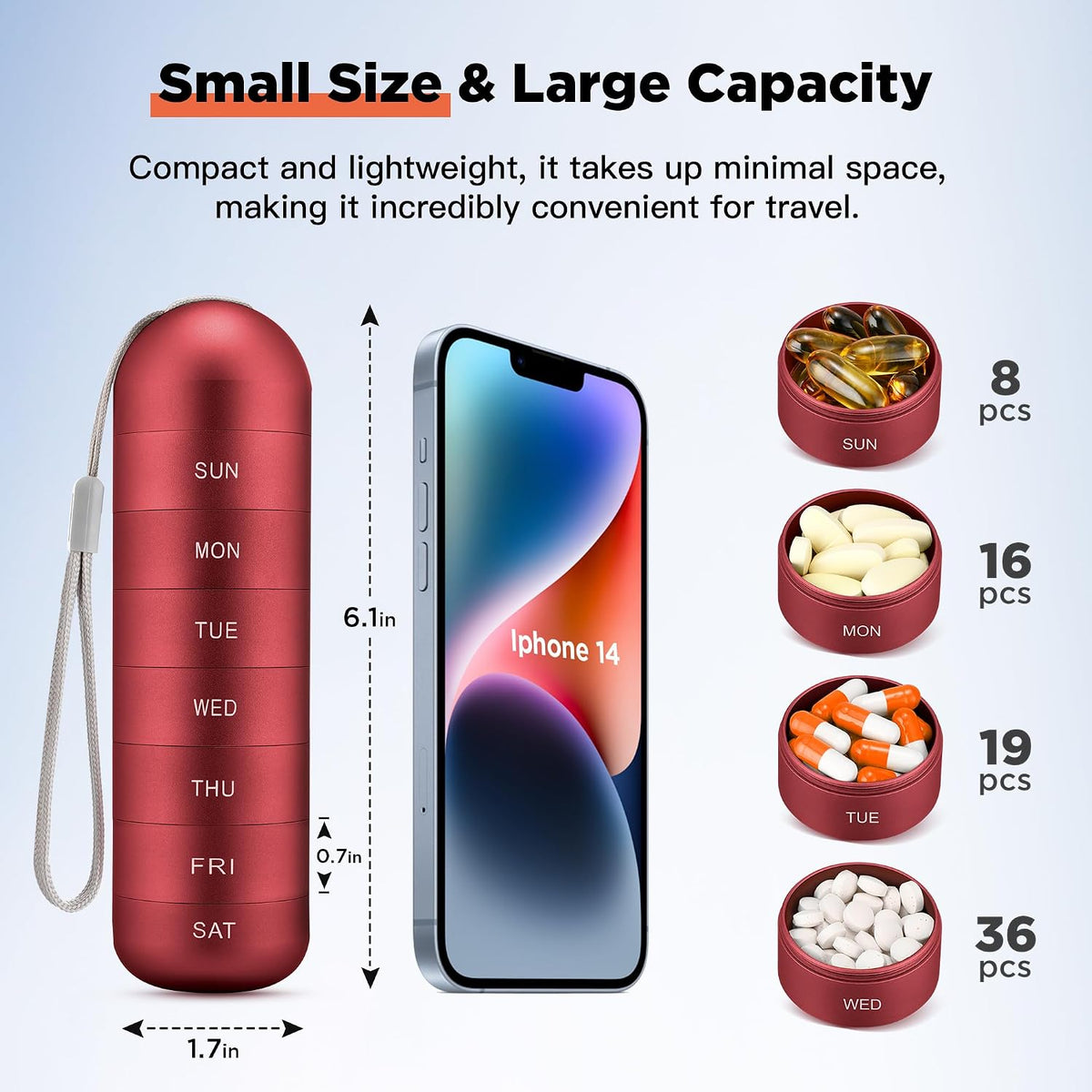 [2 Pack] Metal Travel Pill Organizer, Portable Waterproof Weekly Pill Box, Large Aluminum Alloy Pill Case Container, BPA Free 7 Day Daily Medicine Organizer Holder for Vitamin, Supplement