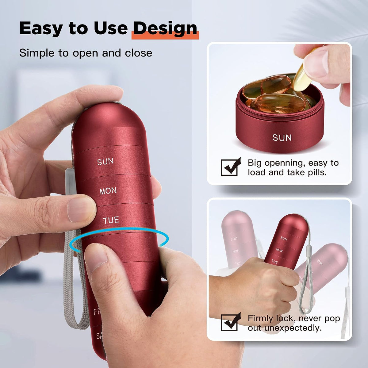 [2 Pack] Metal Travel Pill Organizer, Portable Waterproof Weekly Pill Box, Large Aluminum Alloy Pill Case Container, BPA Free 7 Day Daily Medicine Organizer Holder for Vitamin, Supplement