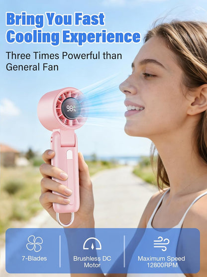 AI Handheld Fan Turbo, 100-Speed Portable Fan Rechargeable, Mini Fan with 12800 RPM Strong Airflow, Foldable 4-in-1 Personal Fan for Travel, Camping, Beach & Office, USB-C & Lightweight & Quiet