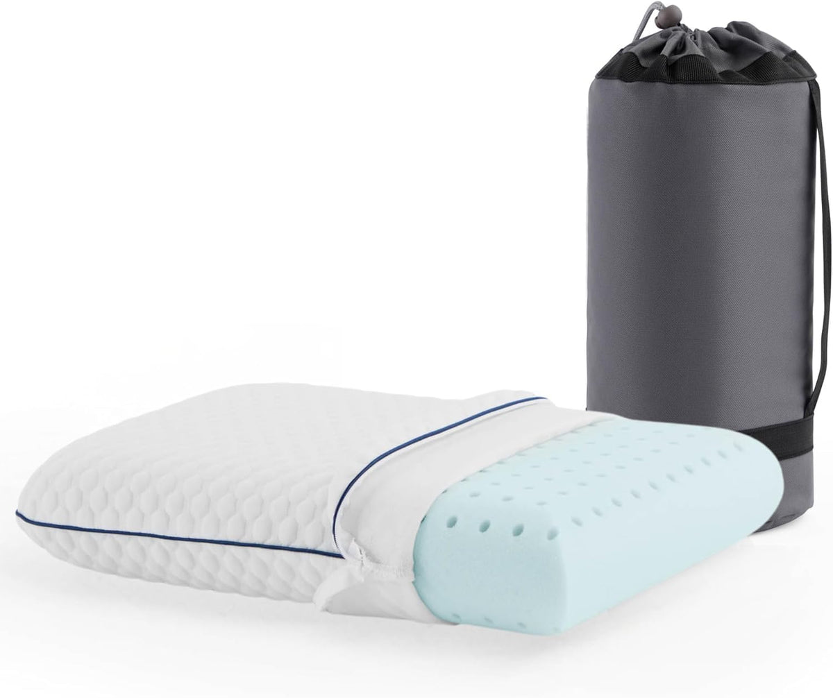 Cooling Gel Memory Foam Camping Pillow – Travel Size, Ventilated Cooling Pillow for Side & Back Sleepers, Neck Support, Compact with Carry Bag, Washable Cover