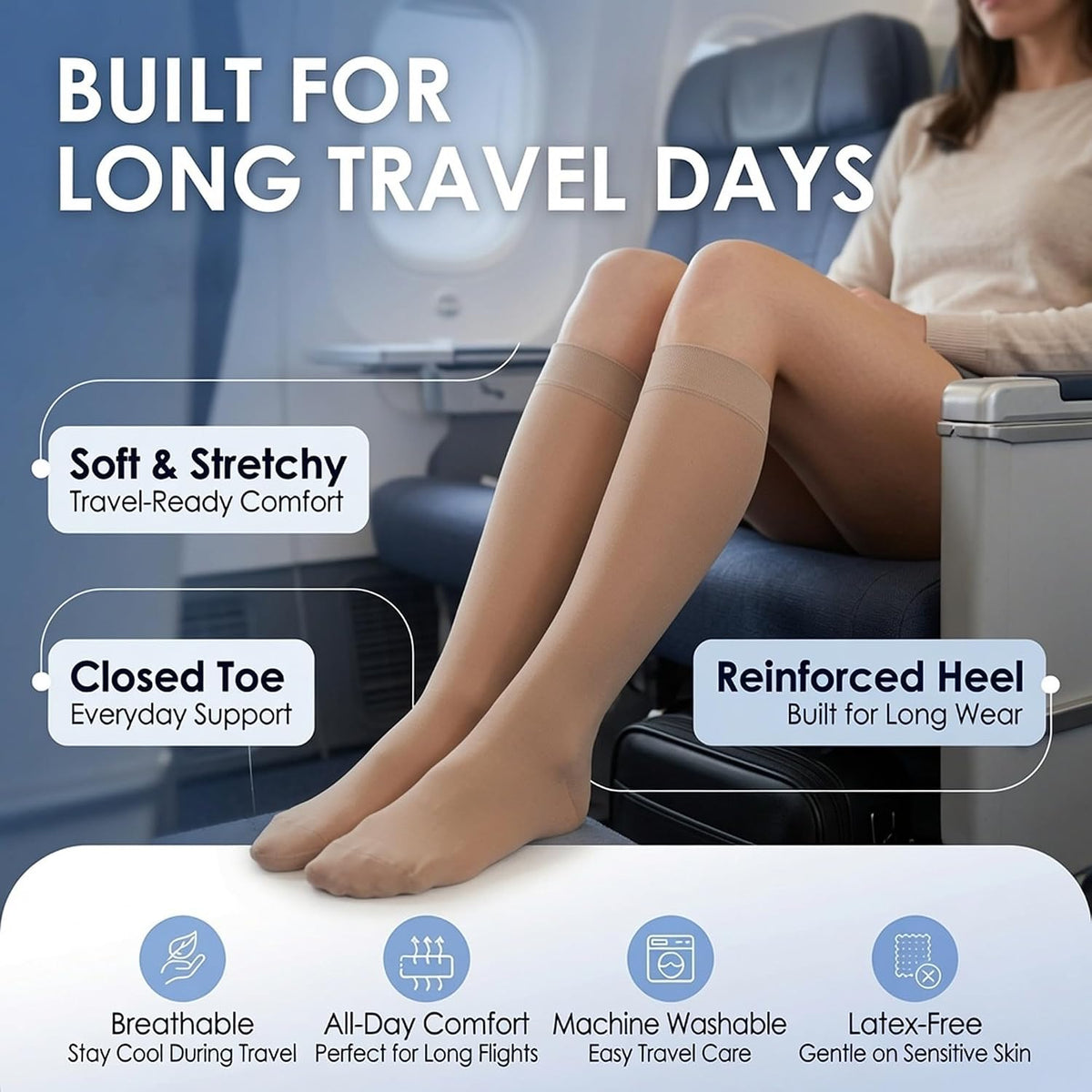 ABSOLUTE SUPPORT Sheer Travel Compression Socks 15-20mmHg, Nude, Large
