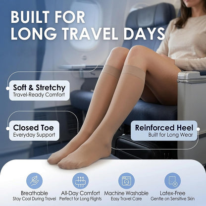 ABSOLUTE SUPPORT Sheer Travel Compression Socks 15-20mmHg, Nude, Large