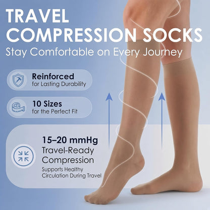 ABSOLUTE SUPPORT Sheer Travel Compression Socks 15-20mmHg, Nude, Large