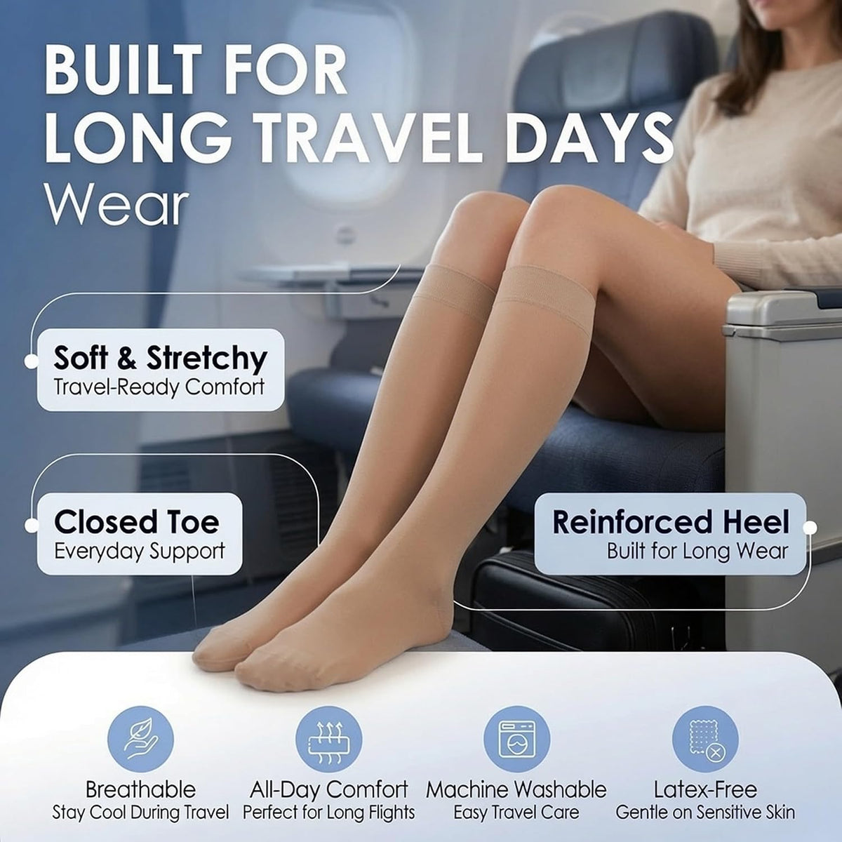 ABSOLUTE SUPPORT Sheer Travel Compression Socks 15-20mmHg, Nude, Large