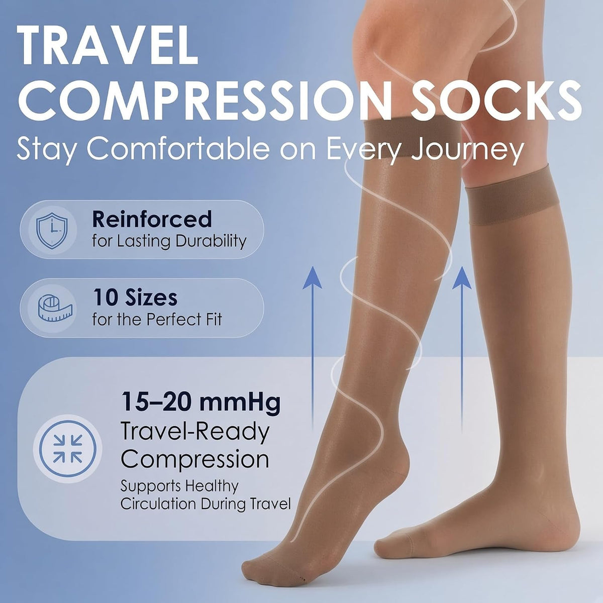 ABSOLUTE SUPPORT Sheer Travel Compression Socks 15-20mmHg, Nude, Large
