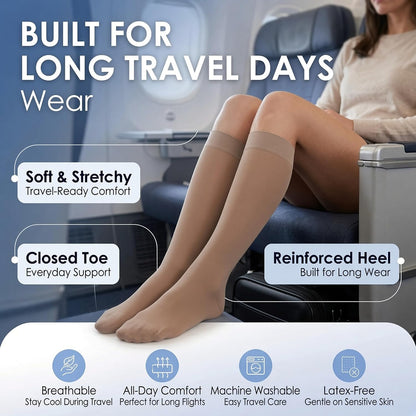 ABSOLUTE SUPPORT Sheer Travel Compression Socks 15-20mmHg, Nude, Large