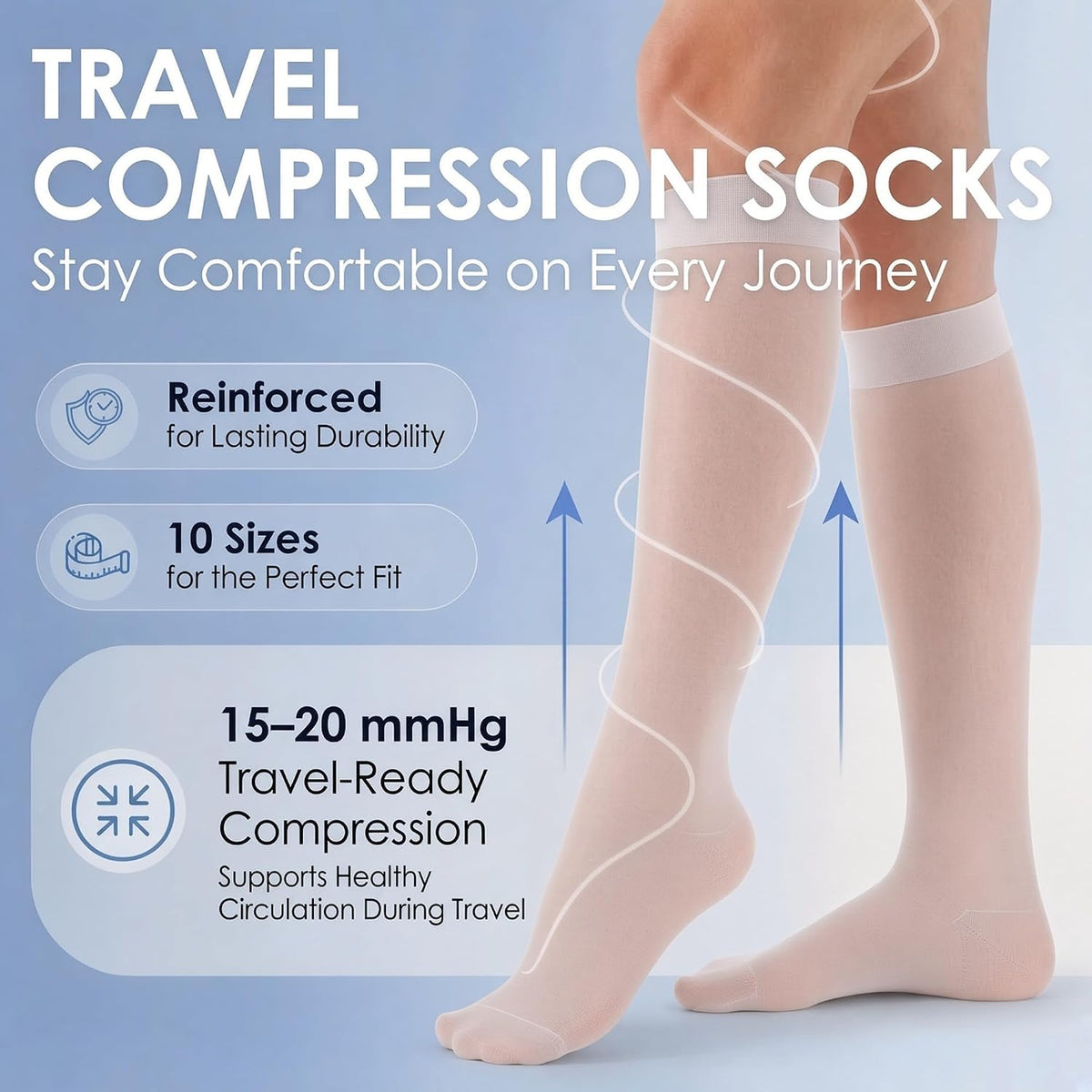 ABSOLUTE SUPPORT Sheer Travel Compression Socks 15-20mmHg, Nude, Large