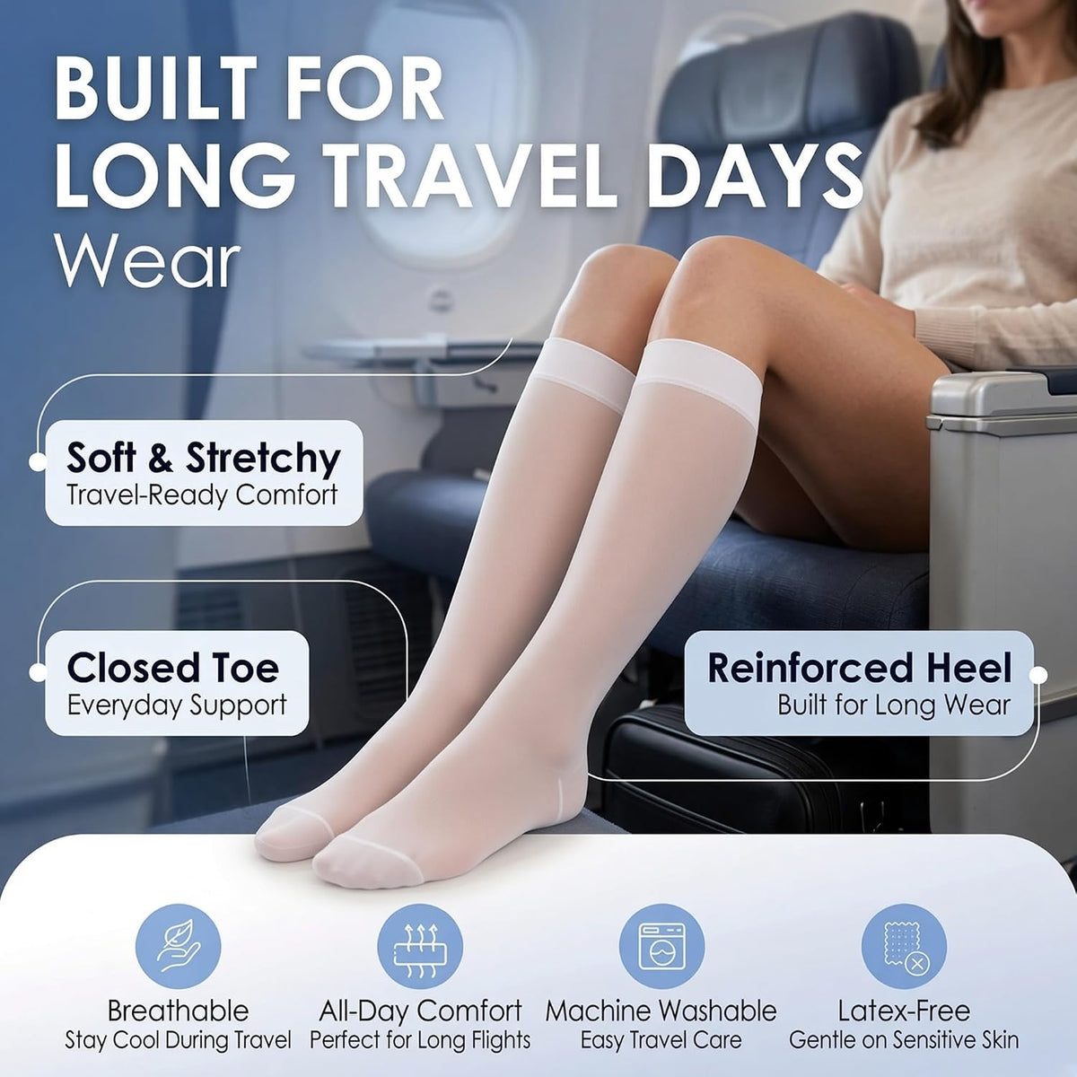 ABSOLUTE SUPPORT Sheer Travel Compression Socks 15-20mmHg, Nude, Large