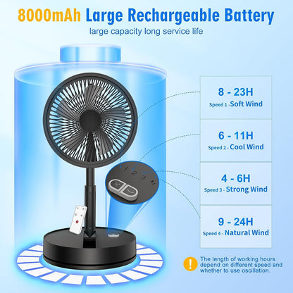 Portable Foldable Rechargeable Oscillating Fan - 8.6" 8000mah Remote Fan